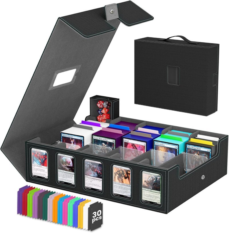 Gomyrod Trading Card Storage Box , 5-Row Card Case with Commander Display & Portable Handle, 4200+ MTG Deck Box Compatible for MTG/TCG/Magic Cards, 30 Colorful Divider, 8 Card Supporters (Black & Grey) - Image 1